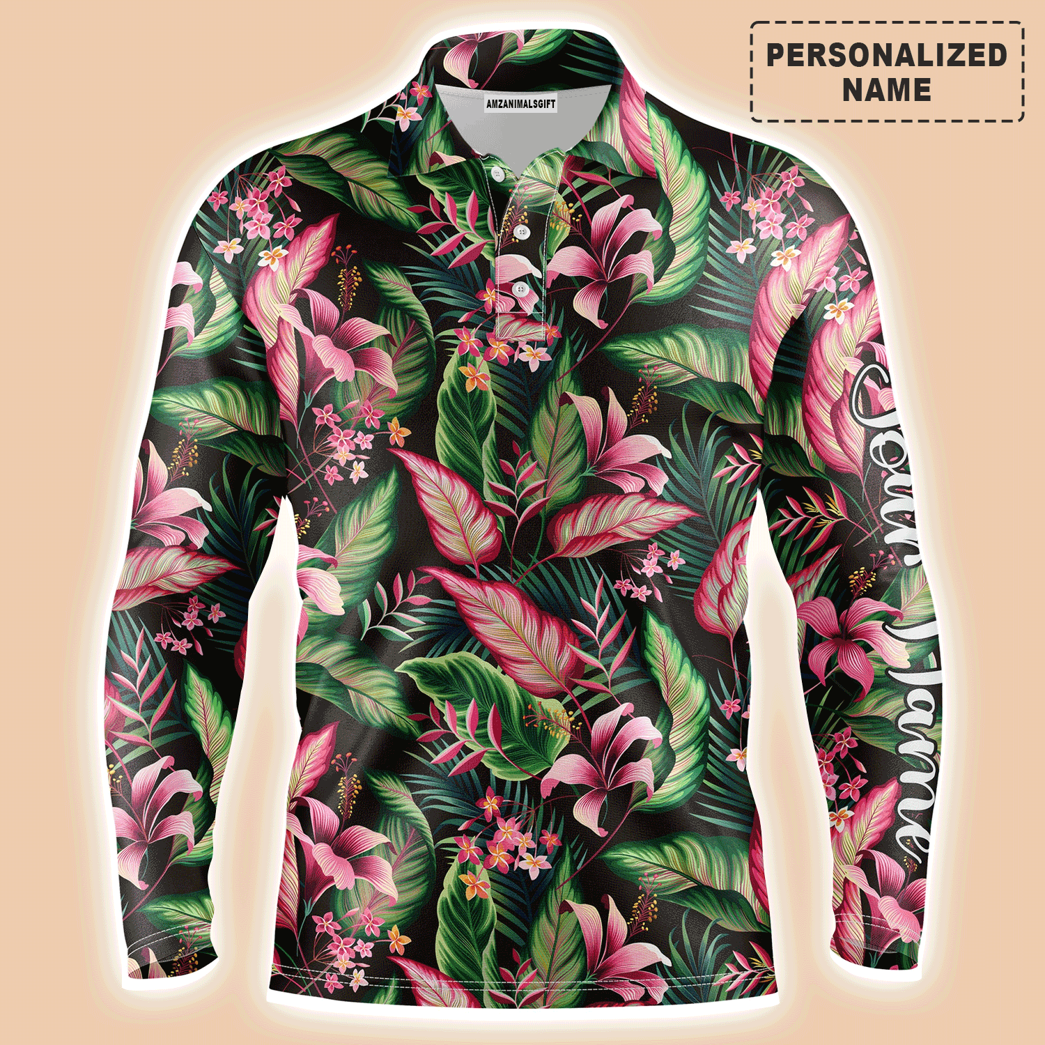 Custom Golf Long Sleeve Men Polo Shirt, Custom Name Floral Pattern With Tropical Leaves Apparel - Perfect Gift For Men, Golf Lover