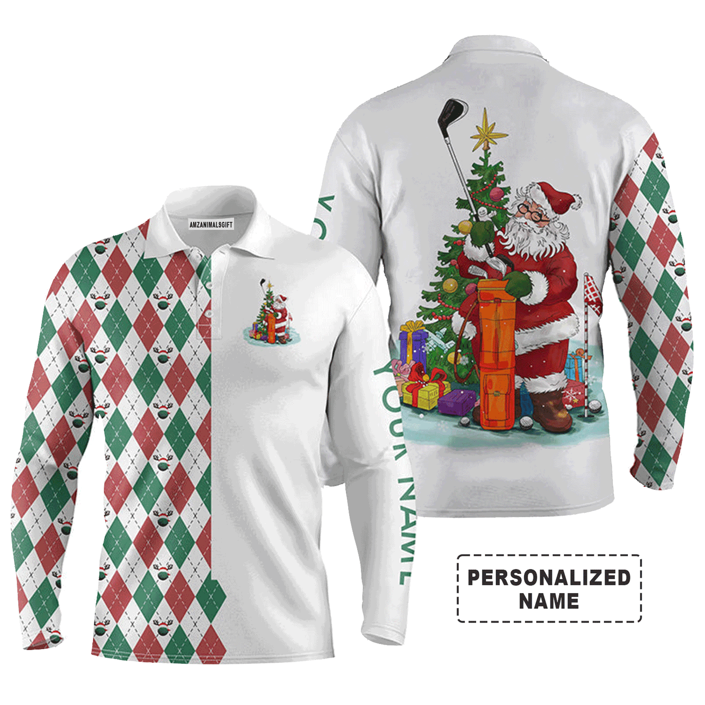 Custom Golf Long Sleeve Men Polo Shirt - Funny Santa Golfer Christmas Golf Ball Pattern Custom Name Apparel - Personalized Gift For Golf Lover, Team