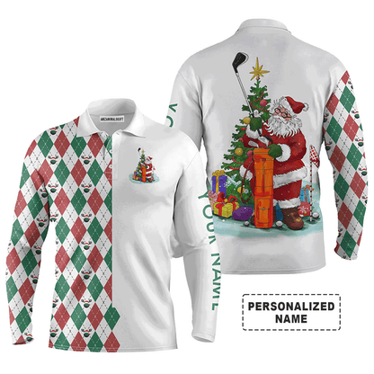 Custom Golf Long Sleeve Men Polo Shirt - Funny Santa Golfer Christmas Golf Ball Pattern Custom Name Apparel - Personalized Gift For Golf Lover, Team