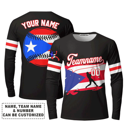 Customized Baseball Long Sleeve Shirt, Puerto Rico Baseball Black White Red Custom Long Sleeve Shirt - Perfect Long Sleeve Shirt For Men & Woman, Baseball Lovers