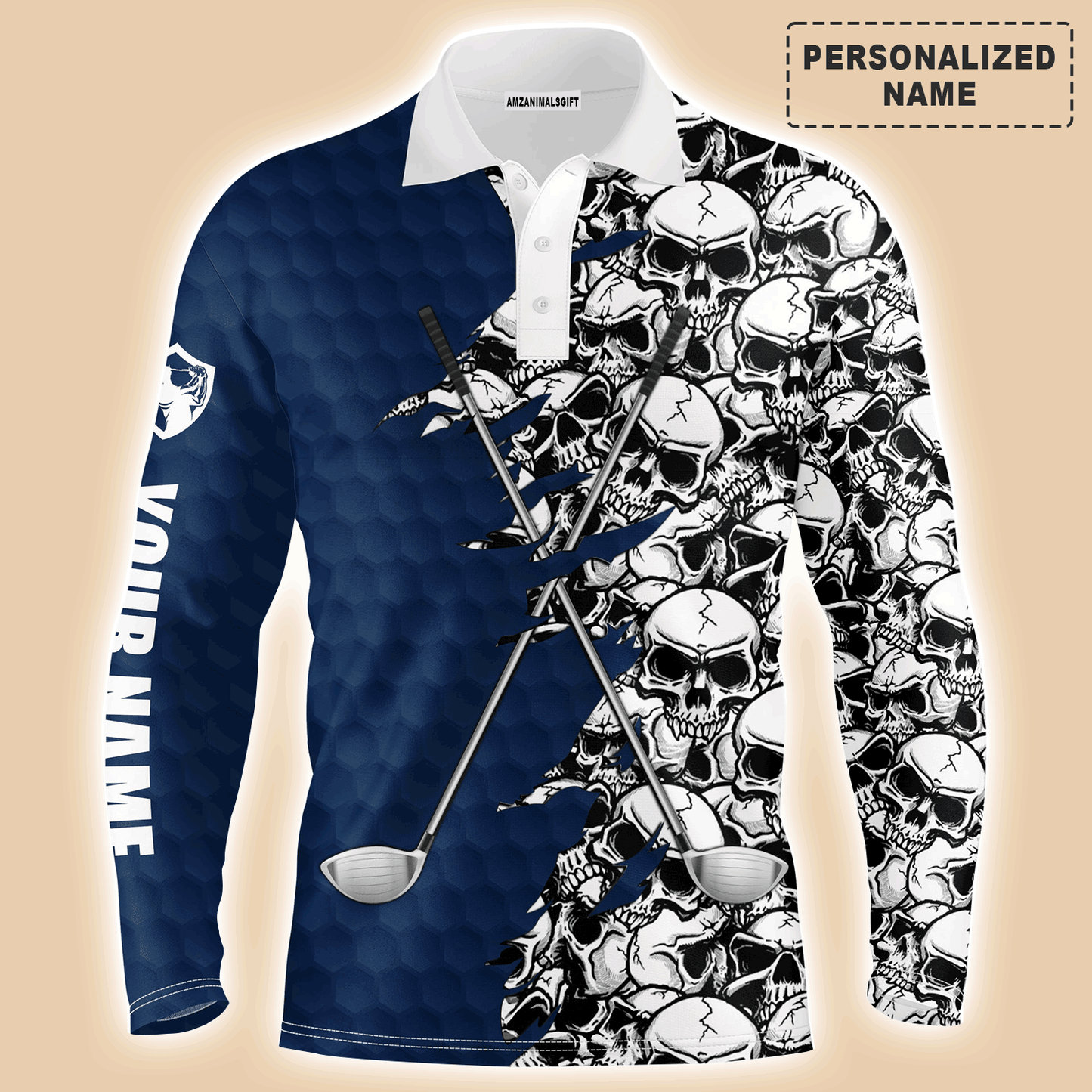 Custom Golf Long Sleeve Men Polo Shirt, Blue Pattern Skull golf Clubs Custom Name Golf Performance Apparel - Perfect Gift For Men, Golf Lovers