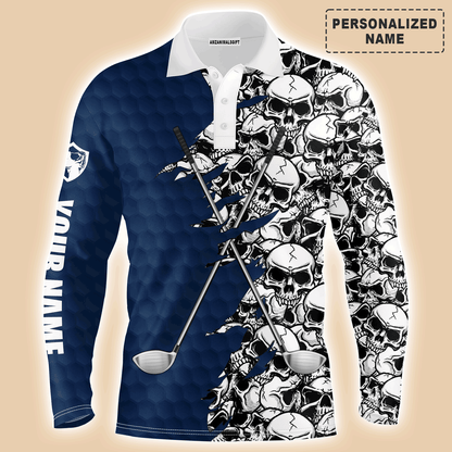 Custom Golf Long Sleeve Men Polo Shirt, Blue Pattern Skull golf Clubs Custom Name Golf Performance Apparel - Perfect Gift For Men, Golf Lovers