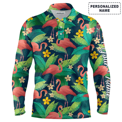 Custom Golf Long Sleeve Men Polo Shirt - Custom Name Colorful Flamingo Pattern Green Tropical Leaves Apparel - Personalized Gift For Men, Golf Lover