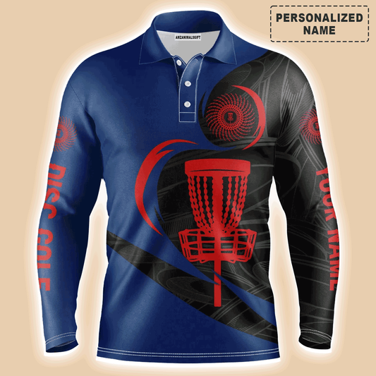 Custom Disc Golf Long Sleeve Men Polo Shirt - Custom Name Disc Golf Red Basket Apparel Men Polo Shirt For Men, Disc Golf Lover