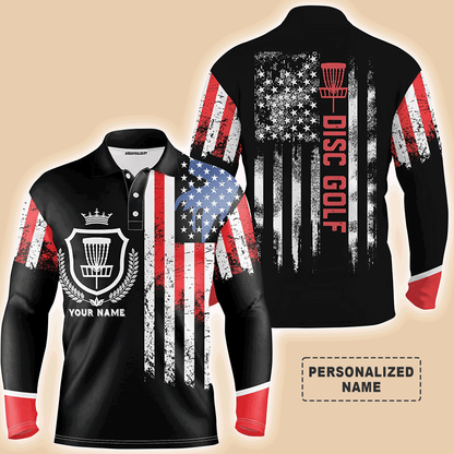 Custom Golf Long Sleeve Men Polo Shirt - Custom Name American Flag Disc Golf Basket Apparel - Personalized Gift For Men, Disc Golf Lover