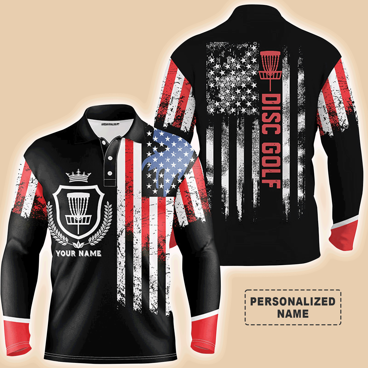 Custom Golf Long Sleeve Men Polo Shirt - Custom Name American Flag Disc Golf Basket Apparel - Personalized Gift For Men, Disc Golf Lover