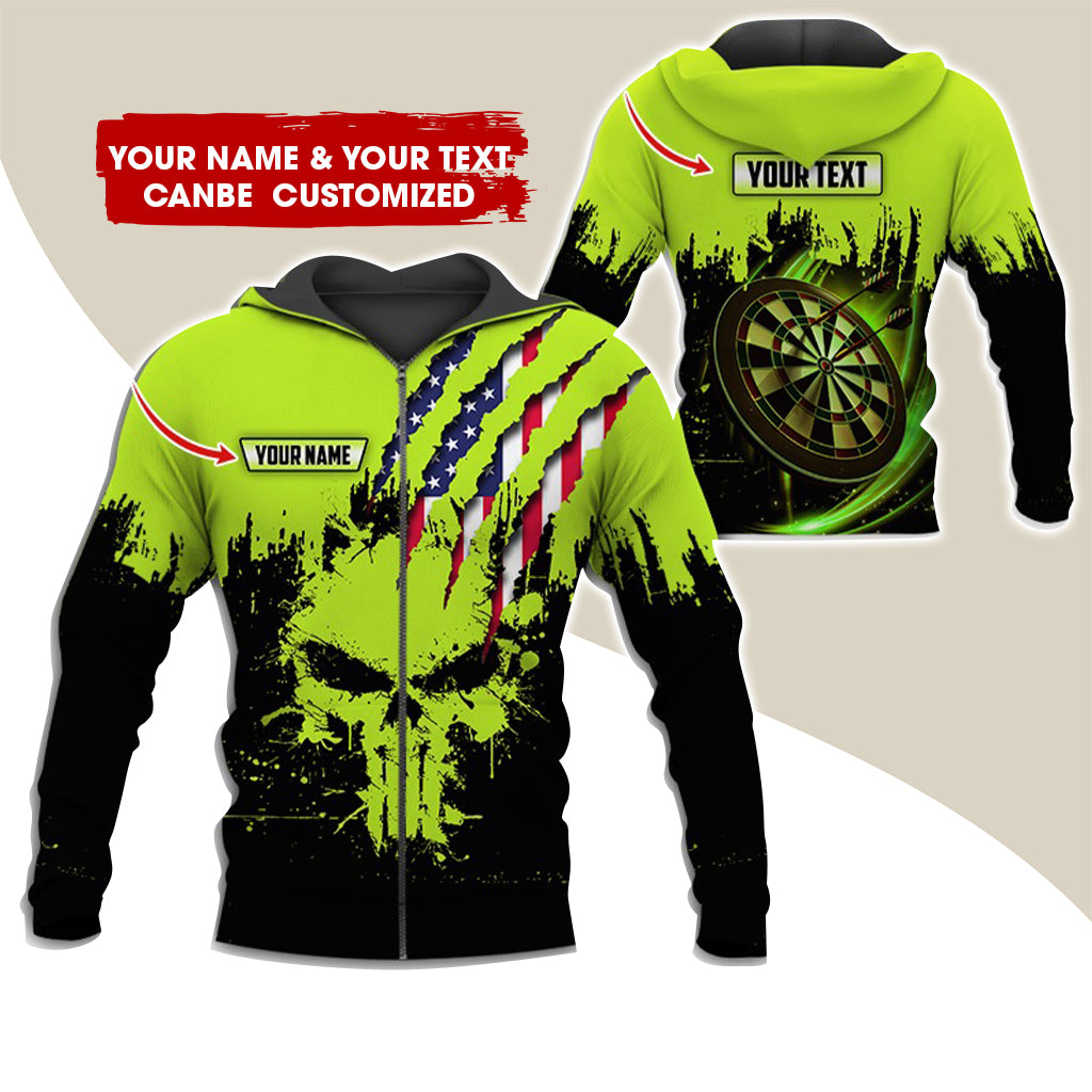 Customized Name & Text Skull Darts Premium Zip Hoodie, Personalized American Flag Zip Hoodie For Men & Women - Gift For Darts Lovers, Darts Players