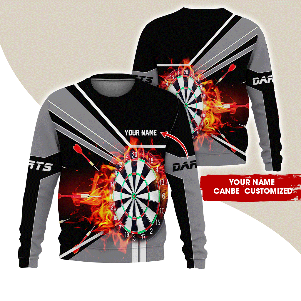Customized Darts Sweatshirt, Personalized Name Darts Sweatshirt, Flaming Darts Pattern Sweatshirt, Perfect Gift For Darts Lovers, Darts Player