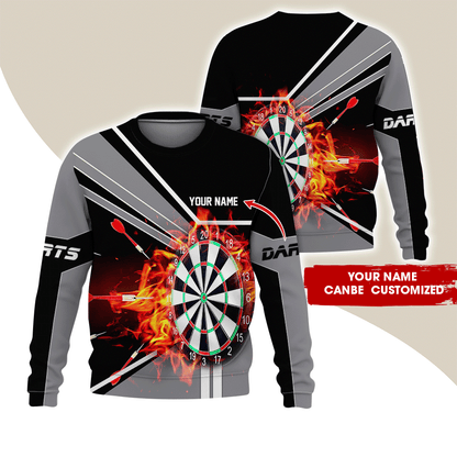 Customized Darts Sweatshirt, Personalized Name Darts Sweatshirt, Flaming Darts Pattern Sweatshirt, Perfect Gift For Darts Lovers, Darts Player