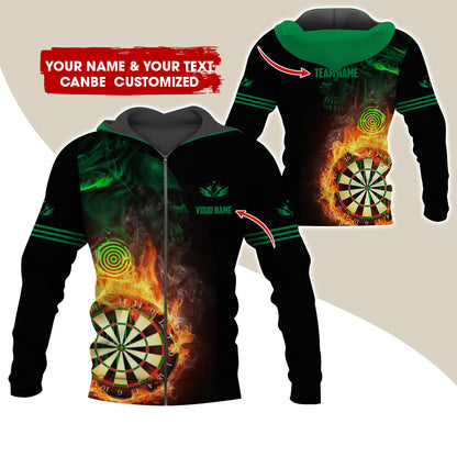 Customized Darts Premium Zip Hoodie, Personalized Name & Team Dartboard In Flame Team Zip Hoodie For Men & Women - Gift For Darts Lovers, Darts Players