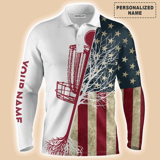 Custom Disc Golf Long Sleeve Men Polo Shirt - Custom Name Vintage American Flag Disc Golf Basket Apparel For Men, Golf Lover