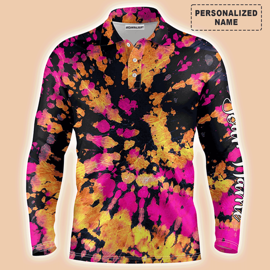 Custom Golf Long Sleeve Men Polo Shirt - Yellow Pink Black Tie Dye Pattern Custom Name Apparel - Personalized Gift For Men, Golf Lover