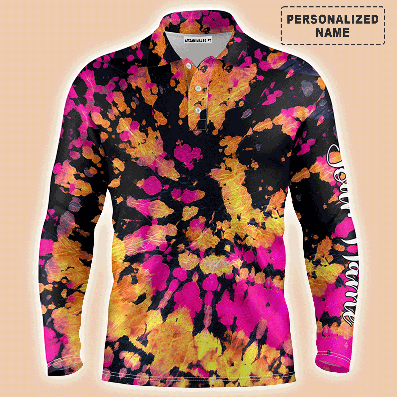 Custom Golf Long Sleeve Men Polo Shirt - Yellow Pink Black Tie Dye Pattern Custom Name Apparel - Personalized Gift For Men, Golf Lover