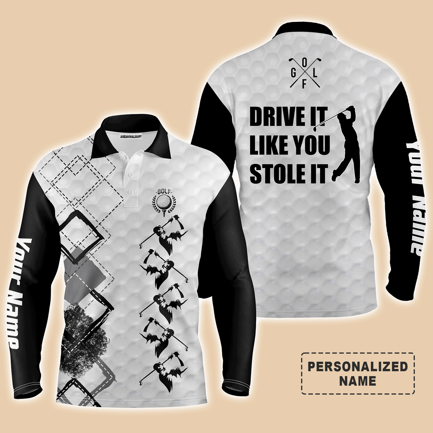 Custom Golf Long Sleeve Men Polo Shirt - Custom Name Black And White Apparel, Drive It Like You Stole It Men Golf Polo Shirt For Golf Lover