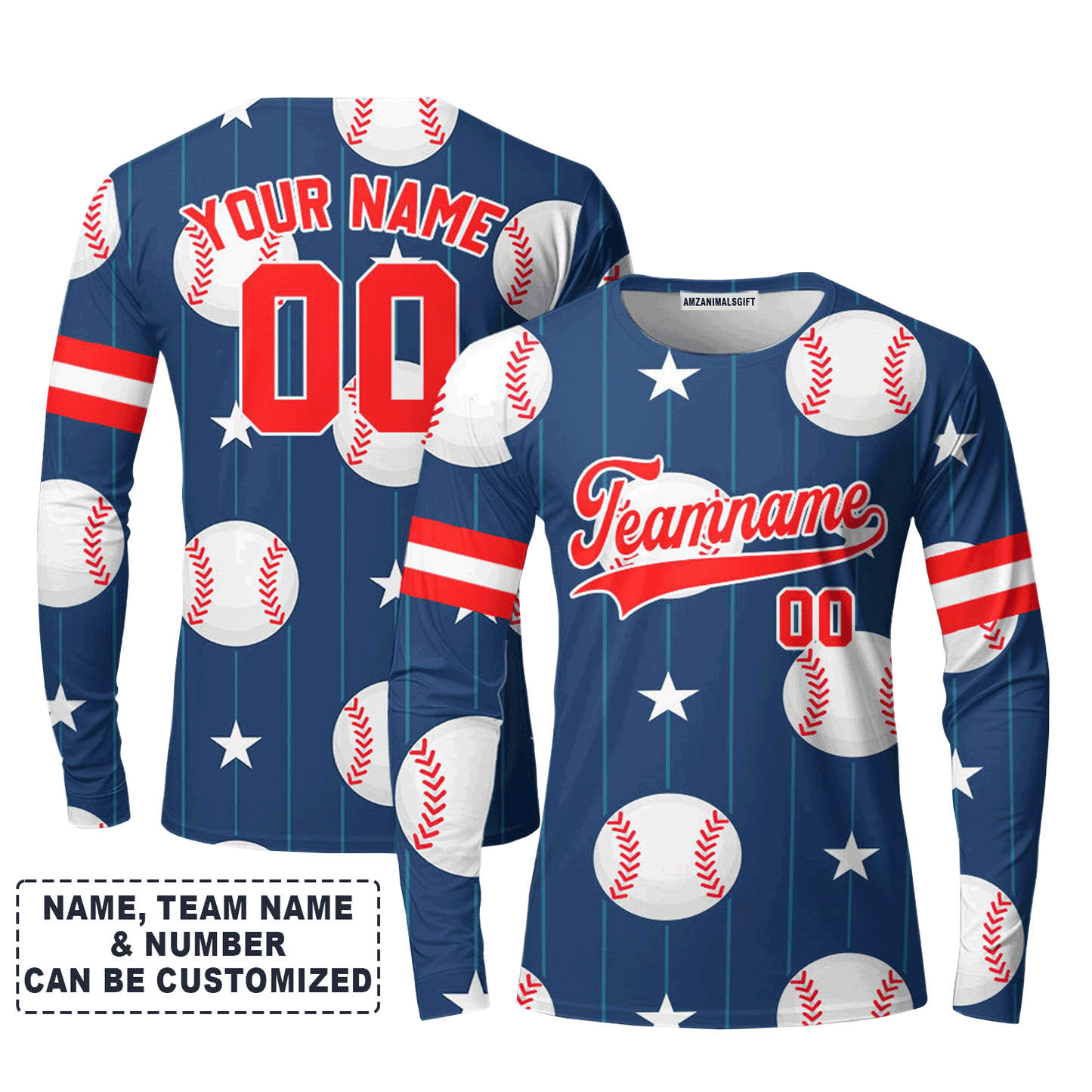 Customized Baseball Long Sleeve Shirt, Navy Baseball Striped Pattern Blue Custom Long Sleeve Shirt - Perfect Long Sleeve Shirt For Men & Woman, Baseball Lovers