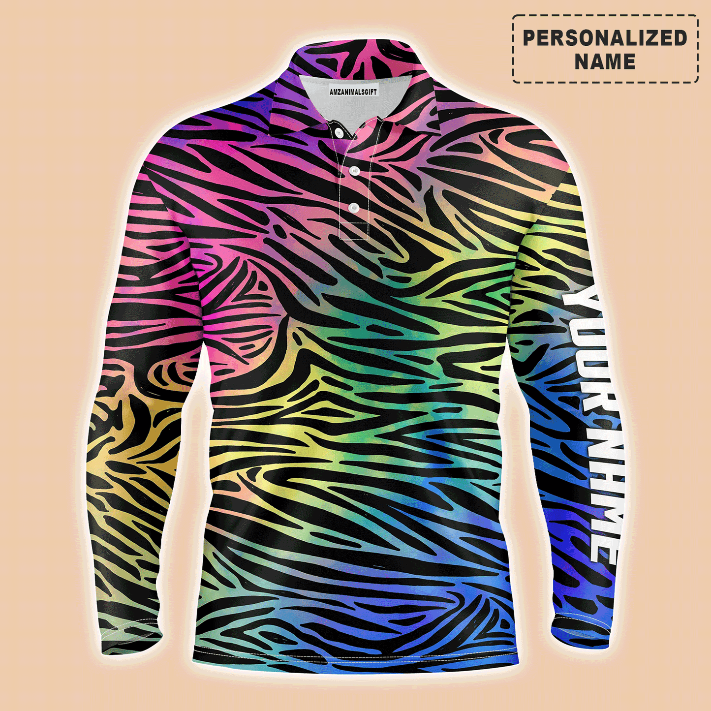 Custom Golf Long Sleeve Men Polo Shirt - Custom Name Colorful Neon Rainbow Zebra Skin Pattern Apparel - Personalized Gift For Men, Golf Lover