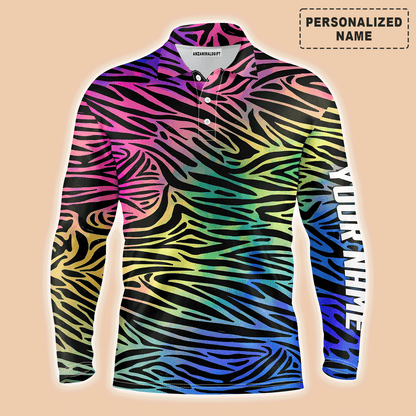 Custom Golf Long Sleeve Men Polo Shirt - Custom Name Colorful Neon Rainbow Zebra Skin Pattern Apparel - Personalized Gift For Men, Golf Lover