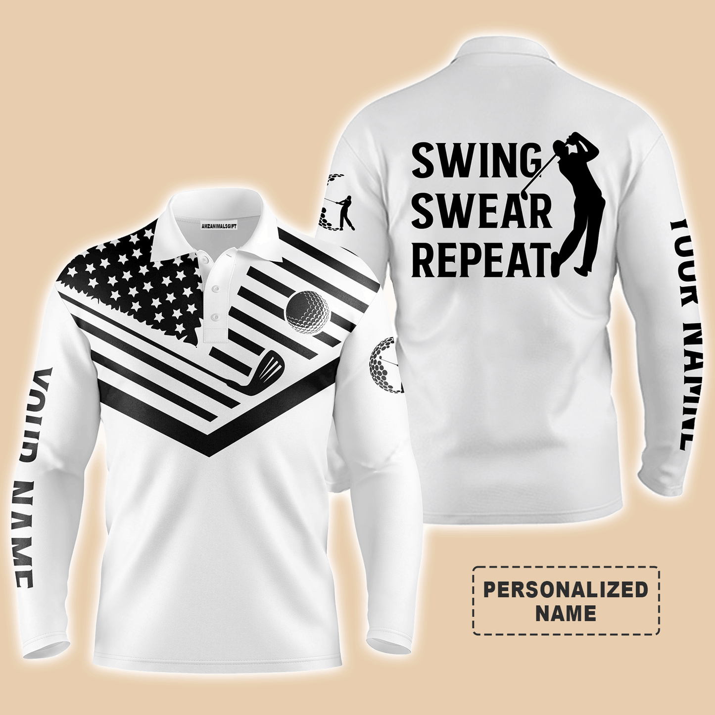 Custom Golf Long Sleeve Men Polo Shirt  - Custom Name Black American Flag 4th July Apparel, Swing Swear Repeat Men Golf Polo Shirt For Golf Lover
