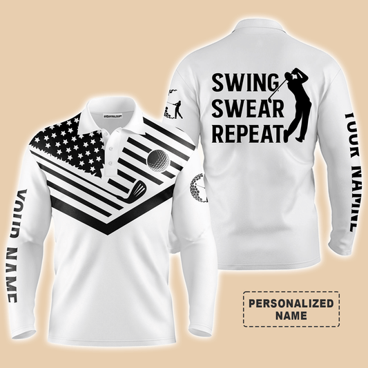 Custom Golf Long Sleeve Men Polo Shirt  - Custom Name Black American Flag 4th July Apparel, Swing Swear Repeat Men Golf Polo Shirt For Golf Lover