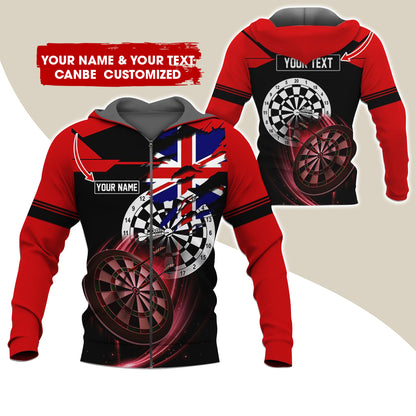 Customized Name & Text Darts Premium Zip Hoodie, Personalized England Flag Zip Hoodie For Men & Women - Gift For Darts Lovers, Darts Players