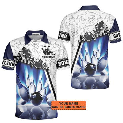Customized Bowling Men Polo Shirt, Personalized Men Bowling White & Blue Pattern Polo Shirt For Men, Bowling Lovers
