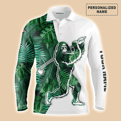 Custom Golf Long Sleeve Men Polo Shirt, Bigfoot, Tropical Green Leaves Pattern Sasquatch Playing Golf Polo Shirt For Men-Gift For Golfers, Golf Lovers