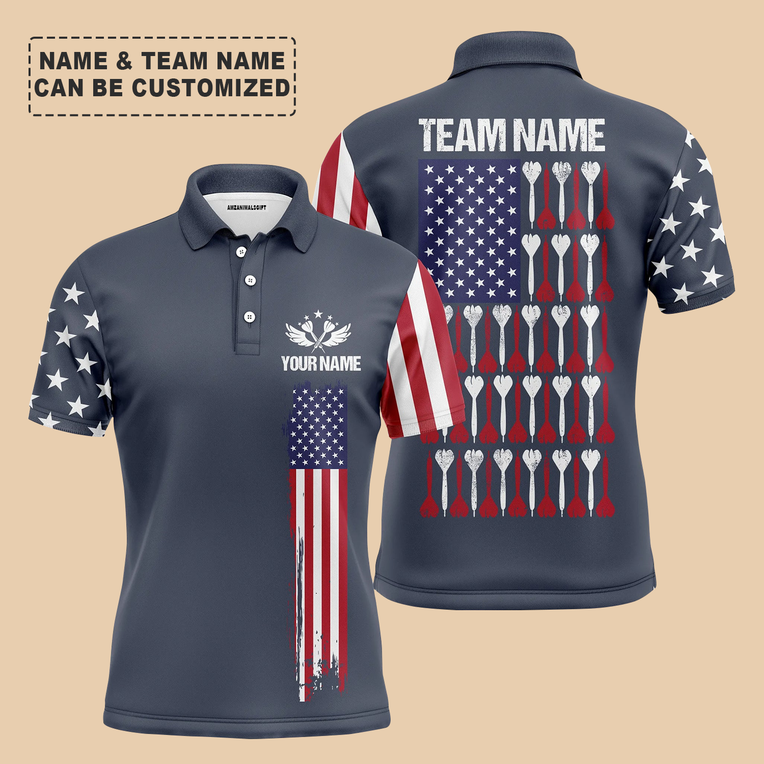 Personalized Darts Men Polo Shirt - Custom Name & Team Name American Flag Navy Mens Darts Polo Shirt For Darts Team, Darts Lover