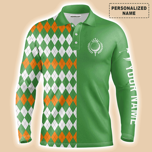 Custom Golf Long Sleeve Men Polo Shirt-St Patrick's Day Green Argyle Plaid Pattern Custom Name Apparel Men Polo Shirt-Personalized Gift For Golf Lover