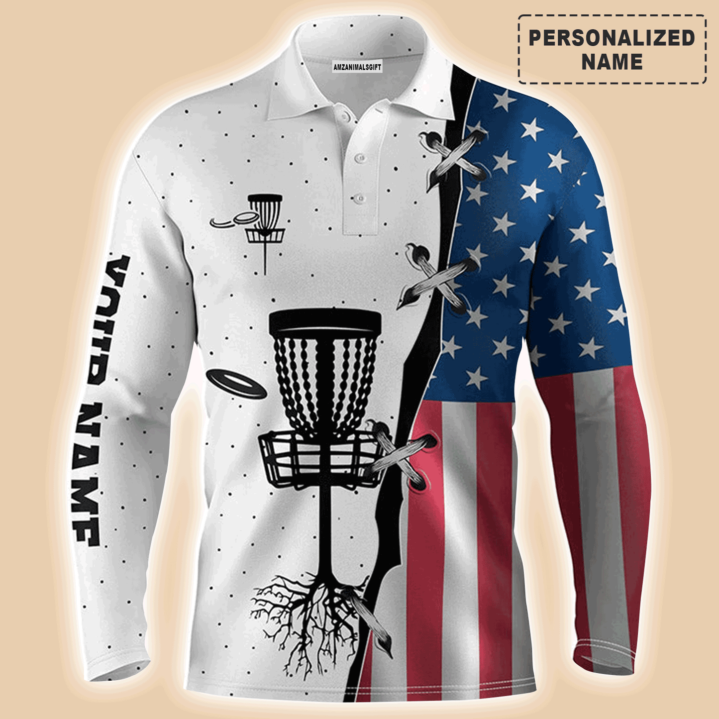 Men's Disc Polo Shirts, Custom Name American Flag Disc Golf Team Apparel - Personalized Gift For Men, Husband, Boyfriend, Golf Lovers