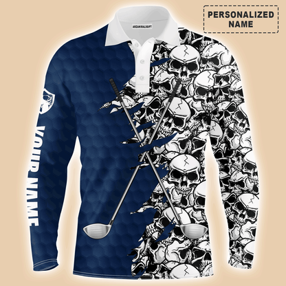 Custom Golf Long Sleeve Men Polo Shirt, Pattern Skull Golf Clubs Performance Custom Name Apparel - Perfect Gift For Men, Golf Lovers