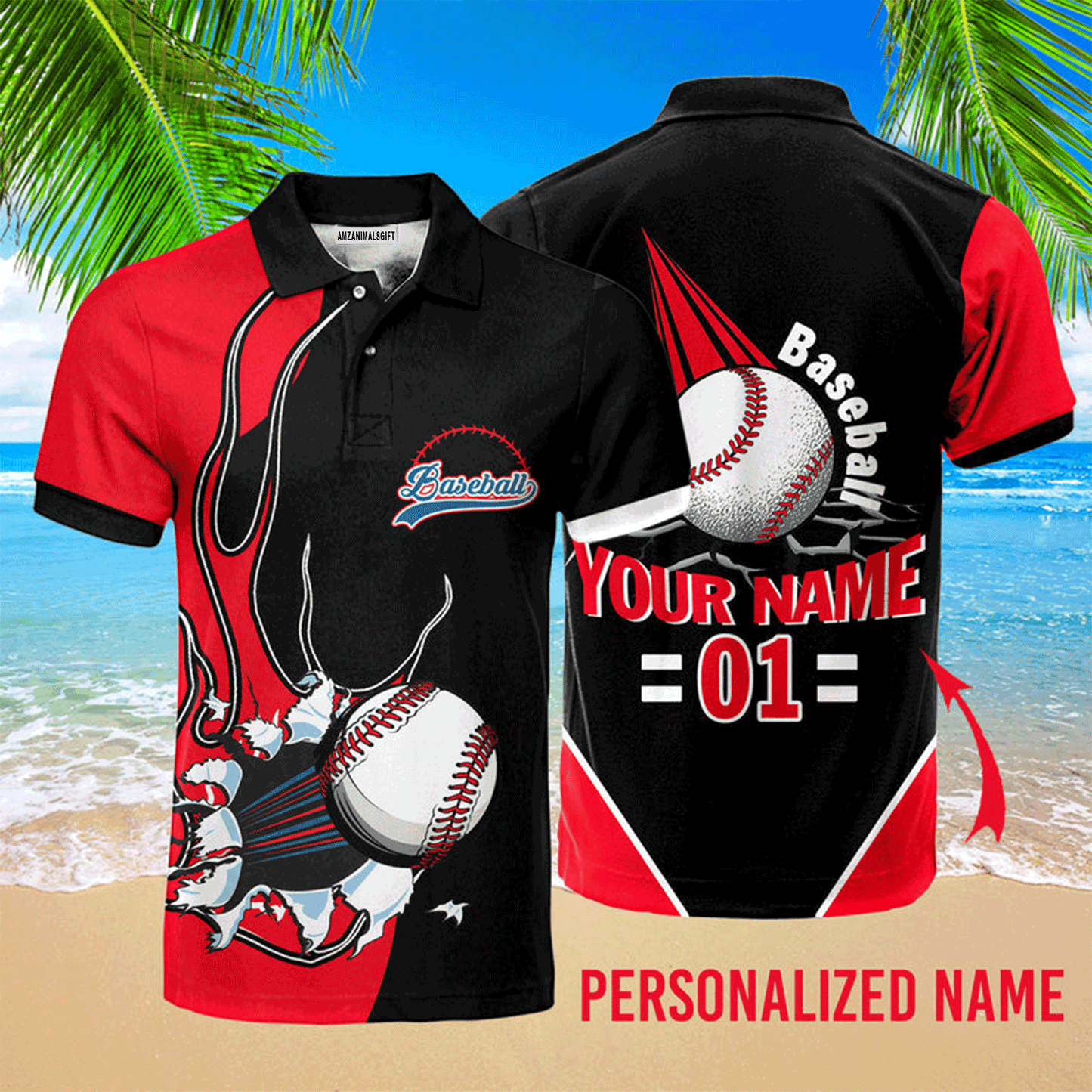 Customized Baseball Men Polo Shirt, Baseball Ball Black Red Custom Name Polo Shirt - Perfect Polo Shirt For men, Baseball Lovers