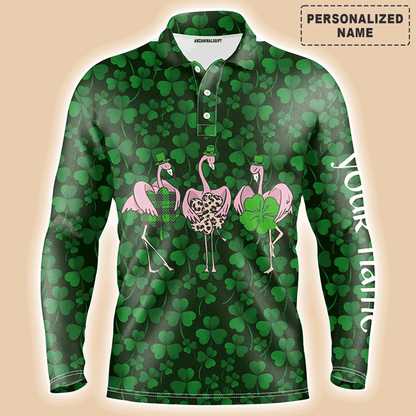 Custom Golf Long Sleeve Men Polo Shirt - Funny Custom Name Green Clover St Patrick's Day Background Flamingo Polo Shirt For Men, Golf Lover