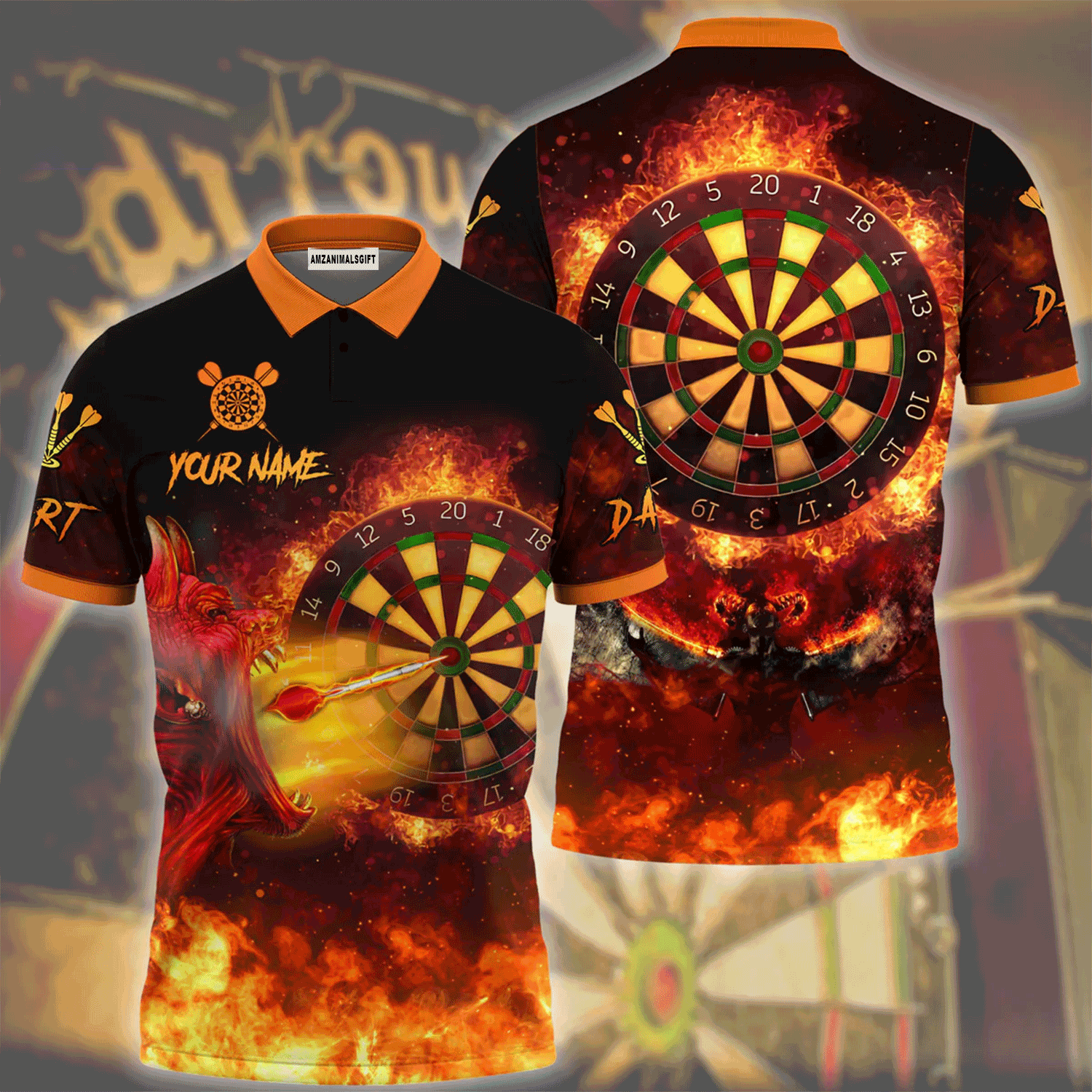 Customized Darts Men Polo Shirt, Personalized Name Darts Devils Skull Fire Polo Shirt For Men, Darts Lovers
