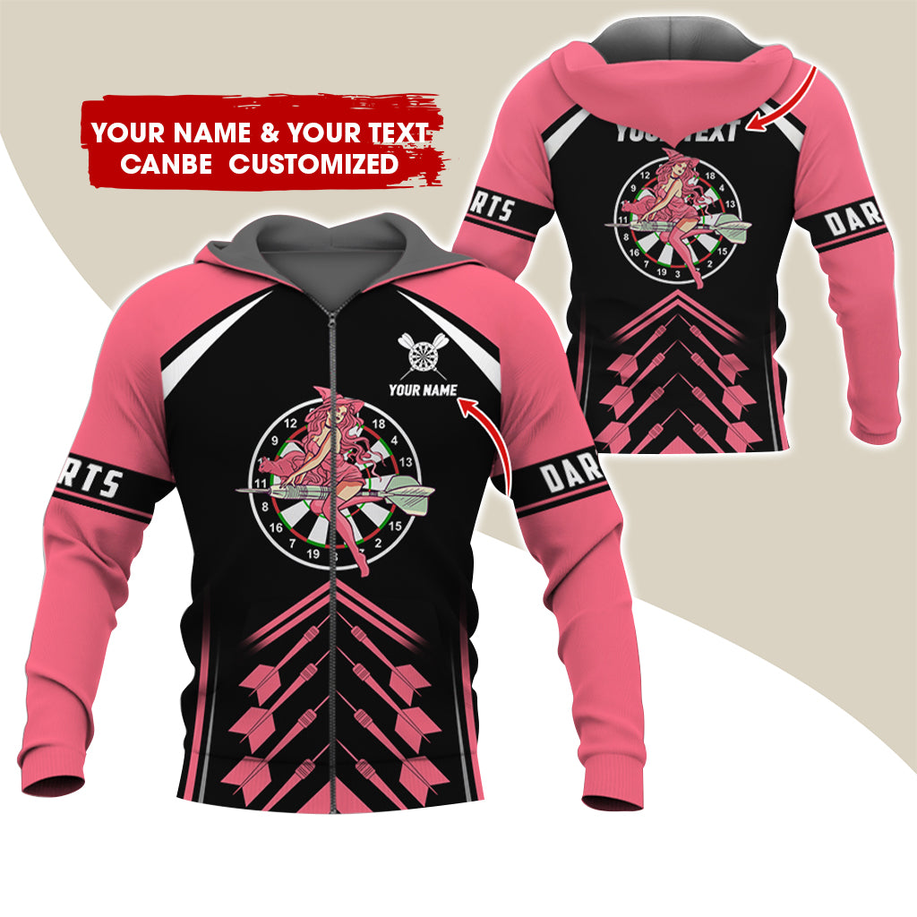 Customized Name & Text Witch Darts Premium Zip Hoodie, Personalized Name Dartboard Zip Hoodie For Men & Women - Gift For Darts Lovers, Darts Players