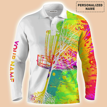 Custom Golf Long Sleeve Men Polo Shirt, Custom Name Watercolor Disc Golf Basket Apparel,Personalized Sports Gift For Men, Golf Lover