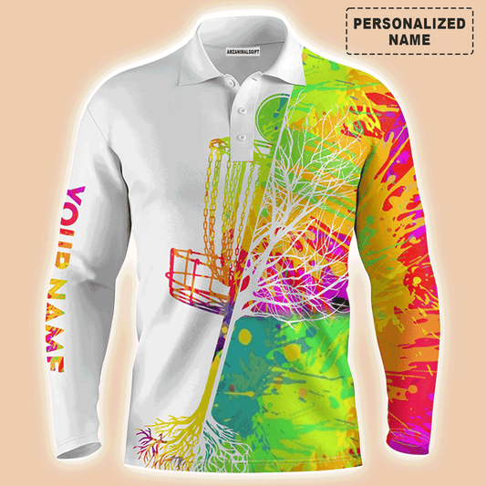 Custom Golf Long Sleeve Men Polo Shirt, Custom Name Watercolor Disc Golf Basket Apparel,Personalized Sports Gift For Men, Golf Lover