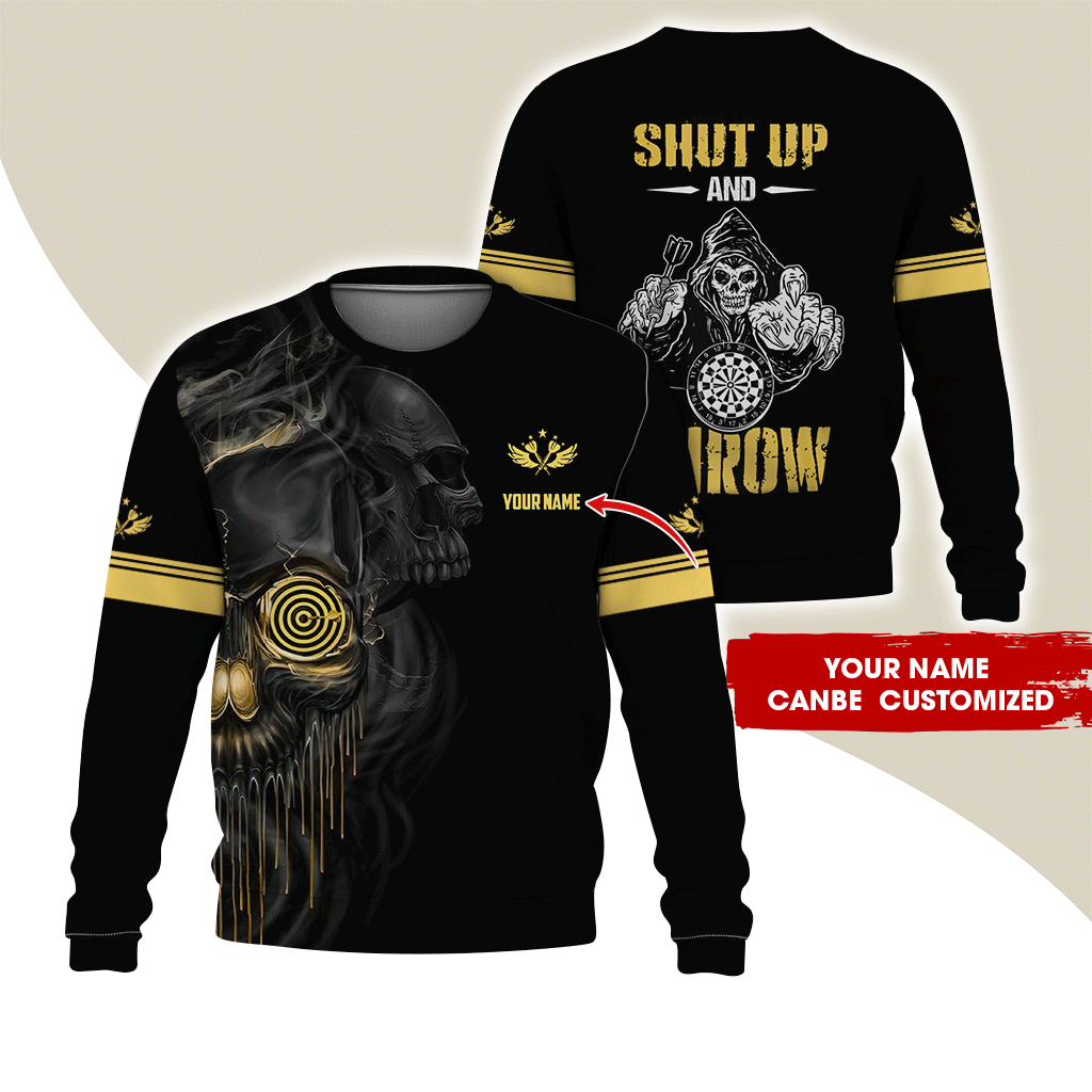 Customized Darts Sweatshirt, Shut Up And Throw, Skull Pattern Sweatshirt For Men & Women, Perfect Gift For Darts Lovers, Darts Player