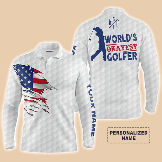 Custom Golf Long Sleeve Men Polo Shirt- Custom Name White American Flag Apparel, World's Okayest Golfer Men Golf Polo Shirt