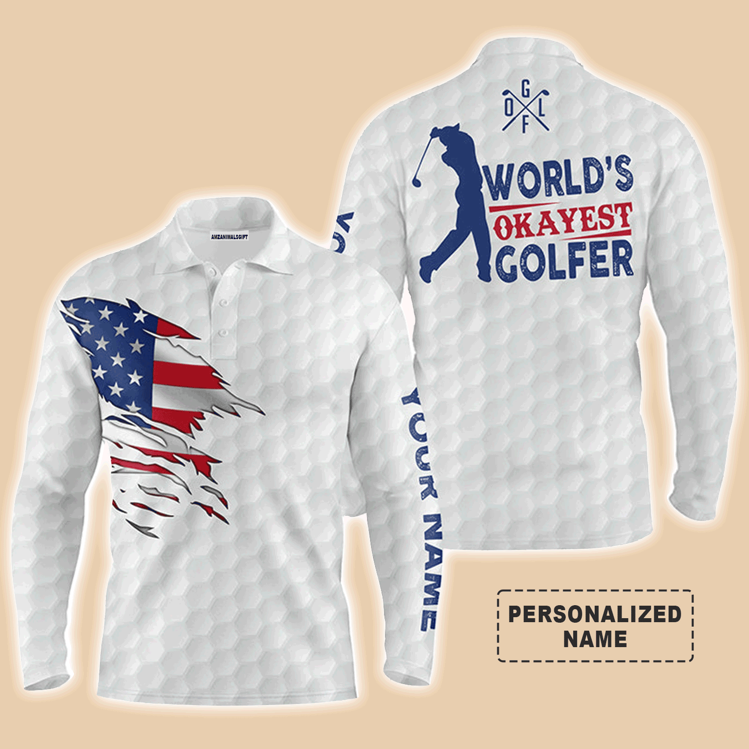 Custom Golf Long Sleeve Men Polo Shirt- Custom Name White American Flag Apparel, World's Okayest Golfer Men Golf Polo Shirt