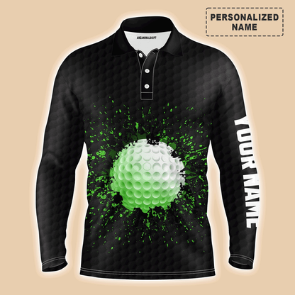 Custom Golf Long Sleeve Men Polo Shirt- Custom Name Black Splatter Apparel Men Polo Shirt - Perfect Gift For Men, Golf Lover