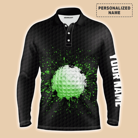 Custom Golf Long Sleeve Men Polo Shirt- Custom Name Black Splatter Apparel Men Polo Shirt - Perfect Gift For Men, Golf Lover