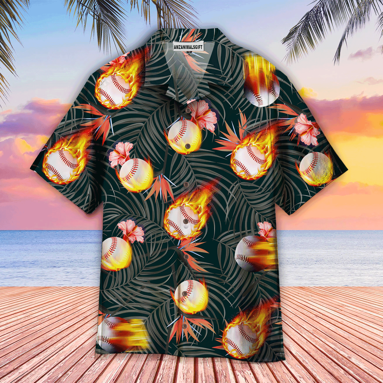 Baseball Hawaiian Shirt, Baseball Fire Floral Tropical Hawaiian Shirt For Men & Woman, Perfect Gift For Baseball Lovers