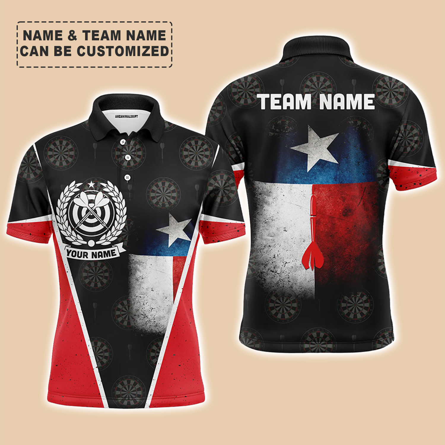 Personalized Darts Men Polo Shirt - Custom Name & Team Name Retro Texas Flag Mens Darts Polo Shirt For Men, Darts Team, Darts Lover