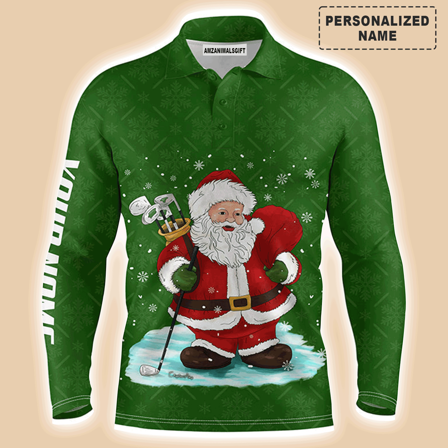 Custom Golf Long Sleeve Men Polo Shirt - Custom Name Christmas Green Pattern Santa Golfer - Personalized Gift For Golf Lover, Team, Husband, Boyfriend