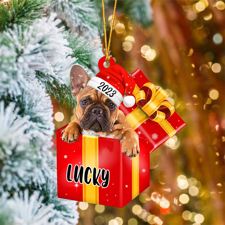 Custom Dog Acrylic Christmas Ornament, Personalized French Bulldog In Red Gift Box Acrylic Ornament for Dog Lover, Christmas, New Year