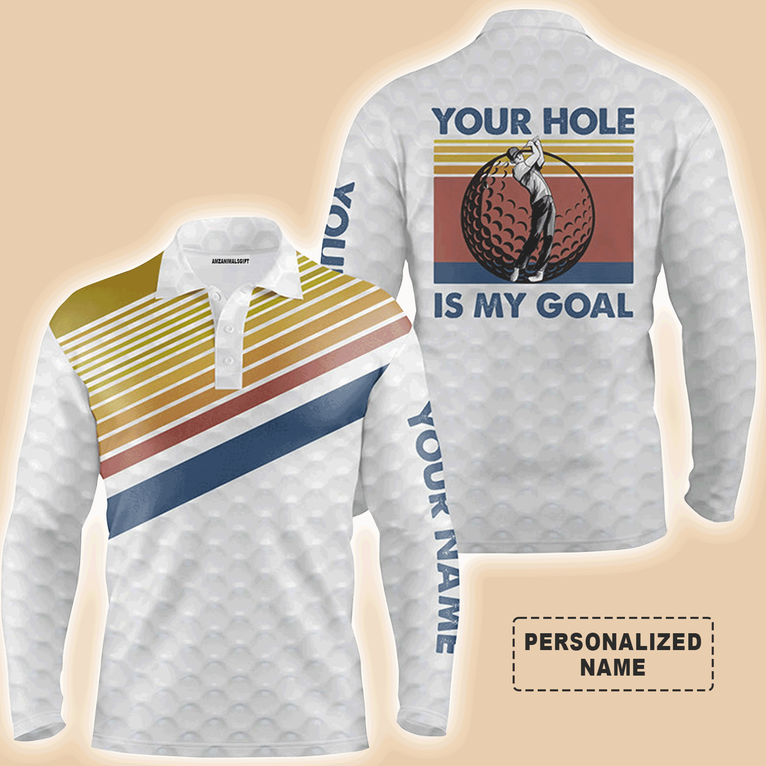 Custom Golf Long Sleeve Men Polo Shirt- Your Hole Is My Goal Retro Striped Personalized Polo Shirt, Personalized Gift For Men,Golf Lovers