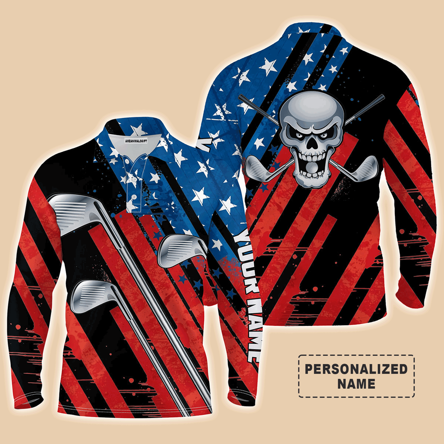 Custom Golf Long Sleeve Men Polo Shirt - American Flag 4th July Skull Golf Clubs Custom Name Apparel - Personalized Gift For Men, Golf Lover