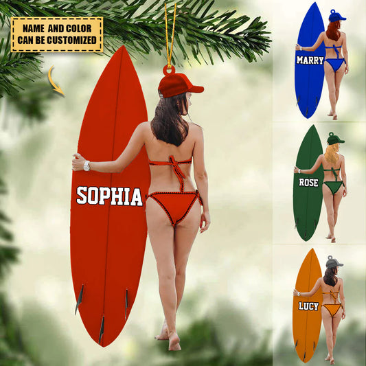 Customized Girl Surfboard Acrylic Christmas Ornament, Gift For Woman, Surfing Lovers, Surfing Players, Christmas Gifts