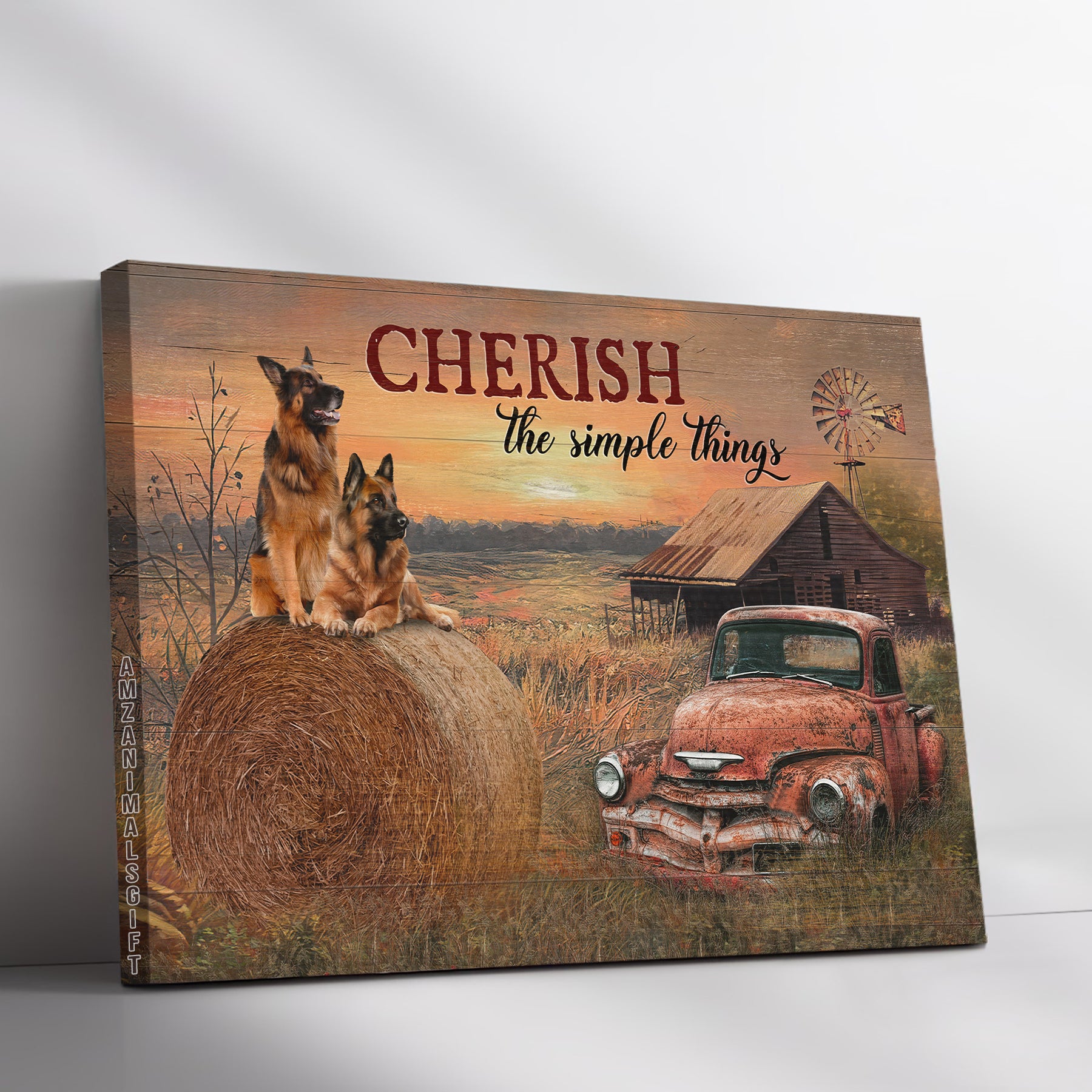 German Shepherd Premium Wrapped Landscape Canvas - German Shepherd, Red Old Car, Farm Painting, Cherish The Simple Thing- Gift For Dog Lovers