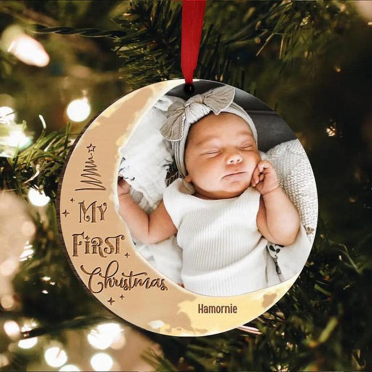 Personalized Baby Photo Wooden Ornament, Custom Baby Photo Wood Ornament, My First Christmas - Christmas Gift For Mom, Dad, Spouse, Members Family